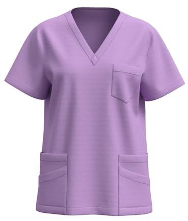 Scrub Tops for Women UK, Ladies Uniform Beauty Healthcare Spa Salon Scrub Top Plus Size Short Sleeve Solid Color V Neck T Shirt 2026 Casual Summer Shirts with Pockets Tunics Work Blouses