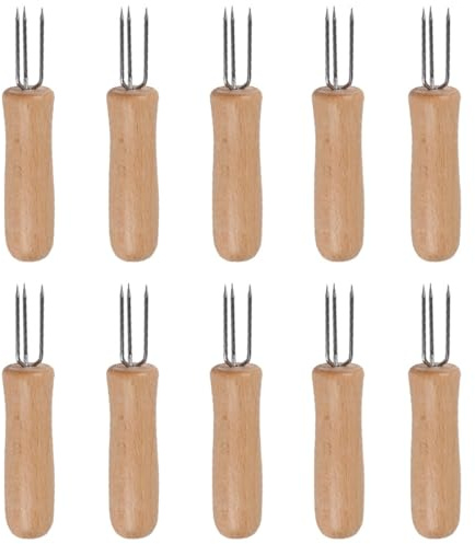 ASAKKURA 10 Stück Edelstahl Dreizack Gabeln mit Holzgriff BBQ Maisspieße und Obstgabeln Klein Hitzebeständig Umweltfreundlich Grillzubehör für Mais Fleisch und Gemüse