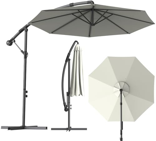 WoRaum Parasol à Manivelle avec Pied Croix Inclus – Parasol de Balcon & Jardin Extérieur, 8 Baleines, Ouverture de Toit, 180g Polyester (3m, Rond, Beige)