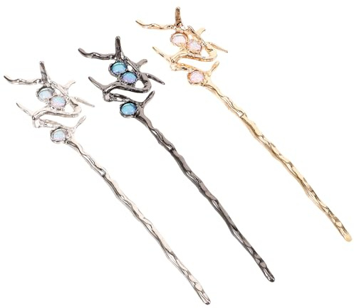 POPETPOP 3pcs Chinese Hair Sticks Hair Fork Set with Irregular Rhinestone Gemstone Metal Pins for Women Updo Bun Accessories Vintage Cosplay Clips