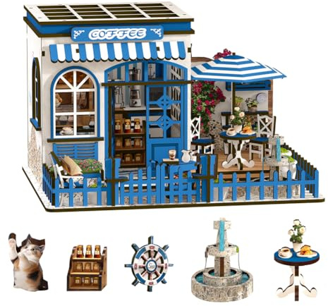 Diymnhaus DIY Miniatur Puppenhaus Kit Blau Kaffee Cottage Architektonisches Modell Erwachsene Bausatz Mini Seaside Villa Kleines Haus 3D Holzpuzzle Handwerk Wohnkultur Muttertag & Geburtstagsgeschenk