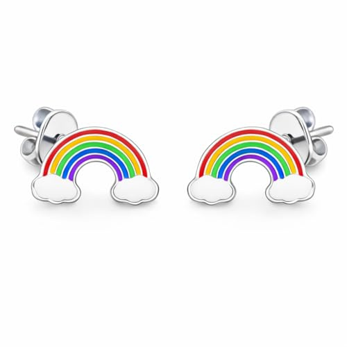 FIVE-D Kinderohrringe Regenbogen aus 925 Sterling Silber – Bunte Ohrstecker für Mädchen, hochwertiger Kinderschmuck