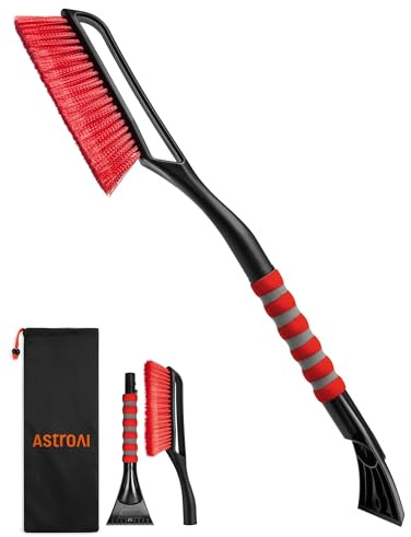 AstroAI 27 Snow Brush and Ice Scrapers for Car Windshield, Detachable Snow Scrapers with Ergonomic Foam Grip for Cars, Trucks, SUVs (Heavy Duty ABS, PVC Brush, Red)