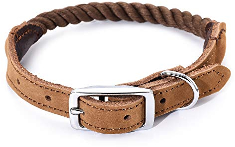 Mile High Life Premium Cotton Rope Dog Collar, Stainless Steel Pin Buckle Ring and Genuine Leather Belt Collar for Medium Large Dogs(Dark Brown, Medium Neck Small Neck 11-14 -20 lb)