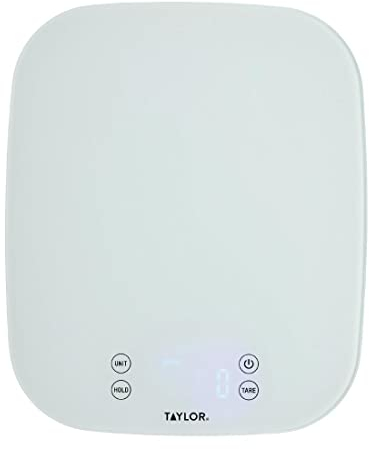Taylor Pro Digital Kitchen Food Scales, Compact Professional Standard with Precision Accuracy and Waterproof Design with Tare Feature, White Glass, Weighs 14 kg/14 L Capacity