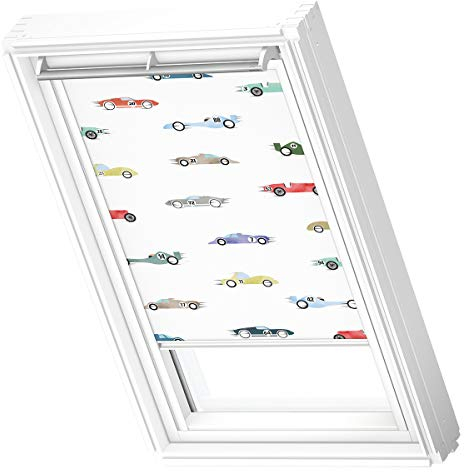 VELUX Original Dachfenster Verdunkelungsrollo für FK08, Rennautos, mit Weißer Führungsschiene
