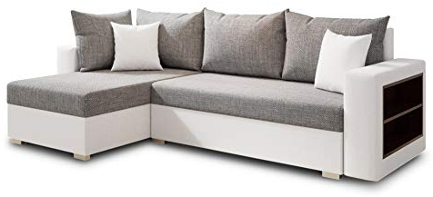 Ecksofa Lord mit Regal und Schlaffunktion - Sofa mit Bettkasten, Schlafsofa, Polsterecke, Couch L-Form, Couchgarnitur, Sofagarnitur (Weiß + Grau (Dolaro 511 + Berlin 01), Ecksofa Links)