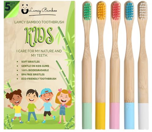 Kids Bamboo Toothbrushes (5 Pack) | Organic & Biodegradable | BPA Free Soft Bristles Toothbrushes | Eco-Friendly,Natural Bamboo Toothbrush Set | Charcoal Wooden Toothbrush