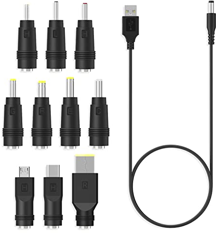 aceyoon USB a DC cable de enchufe, 10 en 1 3A Adaptador universal de enchufe hueco DC con cable de alimentación de 1m 5.5 x2.1mm barril enchufe a cable adaptador para router, TV box