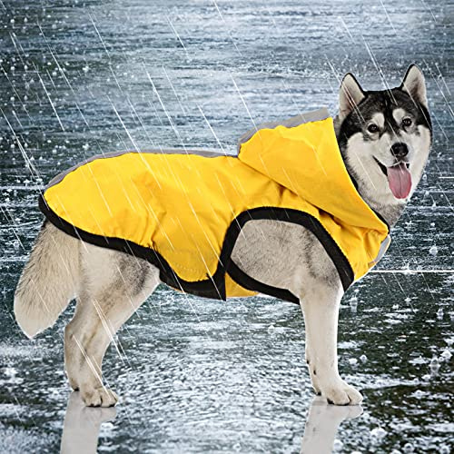 Idepet wasserdichte 2-in-1-Regenjacke für Hunde, Leichter Overall für Hunde mit Kapuze, atmungsaktiver Regenponcho mit Kapuze und reflektierendem Streifen für kleine, mittel große GroßHunde (L, Gelb)
