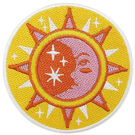 Finally Home Retro Sonne & Mond Patch zum Aufbügeln | Sterne Patches, Vintage Bügelbild, Runder Flicken, Gelber Oranger Aufnäher