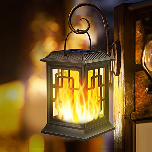 Outdoor Solar Lanterns, Flickering Flame Solar Lights Hanging Waterproof LED Garden Umbrella Decorative Lighting with 2 Lighting Modes for Patio Porch Garden Pathway Yard
