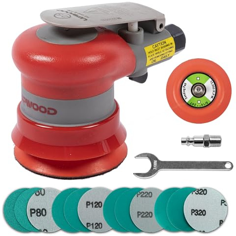 UPWOOD 75 mm Pneumatic Random Orbital Sander, 3 Inch, Non-Vacuum | Lightweight, 3/32 Orbit, 12,000 RPM, with 12 Green Sanding Discs (Grit 80–320), for Auto Body, Wood, and Composites