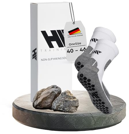 HF Training - 1 Paar Rutschfeste Wandersocken (40-46) Weiß mit Noppen (Unisex) - Hiking & Trekking-Socken mit Grip Damen & Herren - Anti-Rutsch Outdoor-Socks - Wanderstrümpfe lang & atmungsaktiv