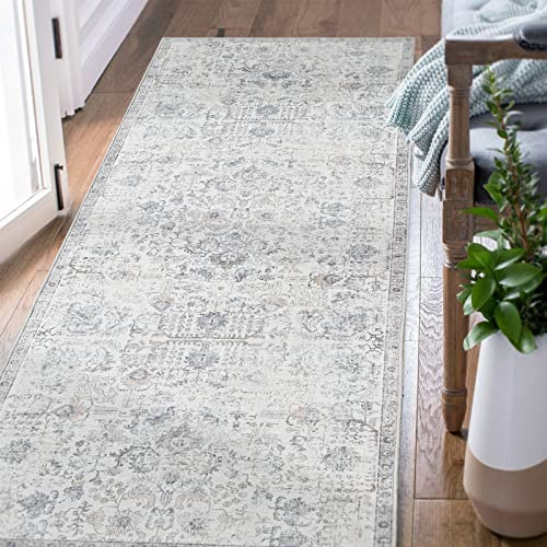 TOPICK Runner Rug 60x150cm Hallway Runner Washable Boho Floral Grey Rug Thin Non Slip Carpet for Kitchen Bathroom Bedroom Entrance