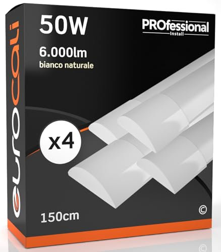 Eurocali Plafoniera LED soffitto 150cm 50W Lineare 6000 lumen - Luce Bianco Naturale 4000K - Pacco da 4 plafoniere