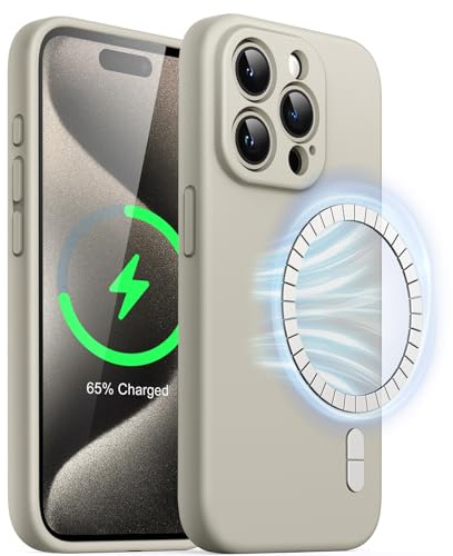 JETech Magnetisch Silikon Hülle für iPhone 15 Pro 6,1 Zoll, Kompatibel mit MagSafe, Handyhülle mit Voll Kamera Schutz (Titan Natur)