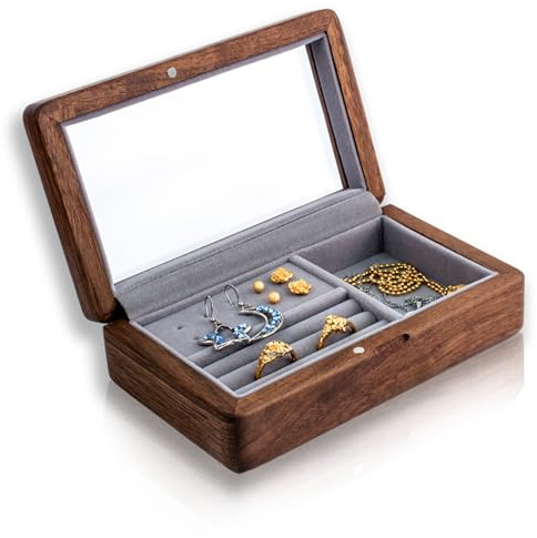 IRIVER BALNK HOCHWERTIGE SCHMUCKSCHATULLE AUS WALNUSS-HOLZ: Handgefertigte Reise-Schmuckbox für Ringe, Ohrringe und Kleinigkeiten. Mit Samtfutter – Das ideale Geschenk für Hochzeit, Weihnachten