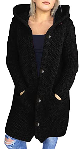 Strickjacke Damen Lang mit Kapuze -Strickmantel Damen Winter Grobstrickjacke Elegant Longstrickjacke Strickcardigan Einfarbig Grobstrick Cardigan Strickjacken für Frauen Mantel Kapuzenjacke