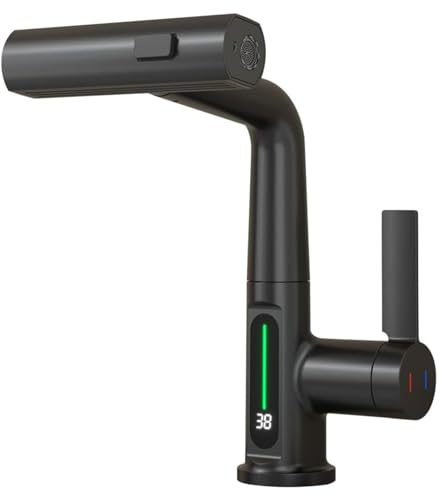 Wasserhahn Küche mit Brause Ausziehbar, 3 Modus Küchenarmatur mit LED Temperaturanzeige, Einhebel Mischbatterie 360° Drehbar Spültischarmatur Küche Armatur Hochdruck, Höhenverstellbar, Schwarz