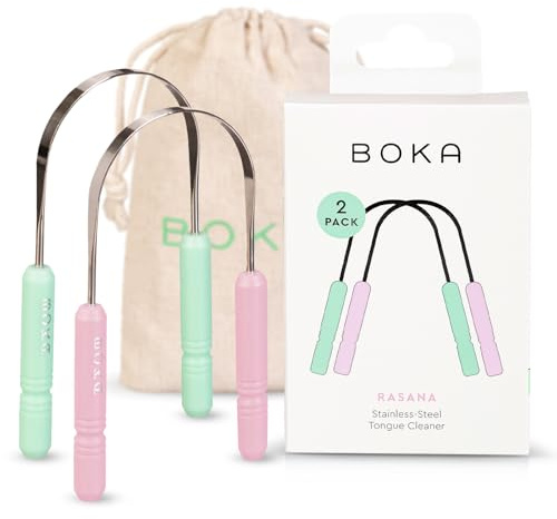 Boka Tongue Scraper for Adults & Kids with Case - Stainless Steel Tongue Cleaner w/Linen Travel Pouch - Scrubber to Remove Tongue Buildup and Freshen Breath (Pack of 2), Green and Pink