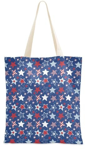 Leinentasche mit Sternen-Streifen für Damen, wiederverwendbar, niedliche Tragetasche, Strandtasche mit Tasche für Arbeit, Picknick, Geschenk, Sternen-Streifenmuster, 15 x 16.3