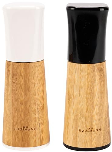 KARL HAUSMANN Salz und Pfeffermühle Set 2-teilig aus Bambus - Manuelle Gewürzmühlen mit Keramikmahlwerk und einstellbarem Mahlgrad, 17 cm, für Pfeffer und Salz, ohne Batterien