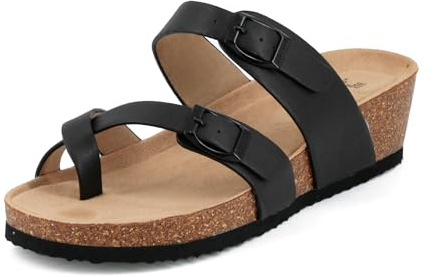 JOMIX Sandales Femmes Compensés Élégantes avec Double Boucles Réglable Tongs Femme d'été pour Maison Piscine Plage (Noir, 39)