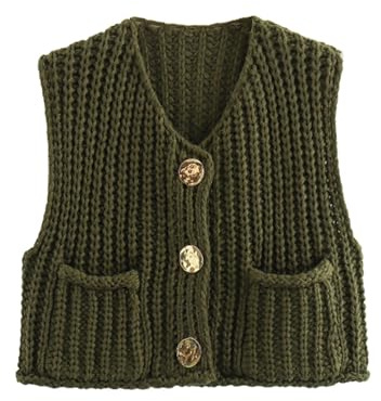 Felcia Womens Sweater Vest Sleeveless V Neck Button Down Knitted Waistcoats Casual Cropped Sweater Tank Tops with Pockets Y2k Streetwear (A-Army Green, M)
