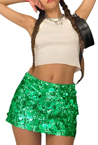 YILEEGOO Women's Sequin Fringed Skirts Sparkle Stretchy Bodycon Mini Skirts Night Out Party Dress Rave Costume (U-Green, S)