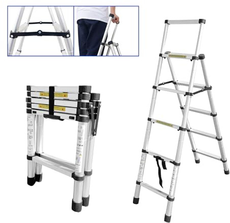 JADDUO Trittleiter 1.4m+1.7m Stufen Klappbar, Multifunktionsleiter Klappleiter Teleskopleiter für Tägliche Haushalts-oder Wohnmobilarbeiten, Aluminium Trittleiter, 150KG Belastbarkeit