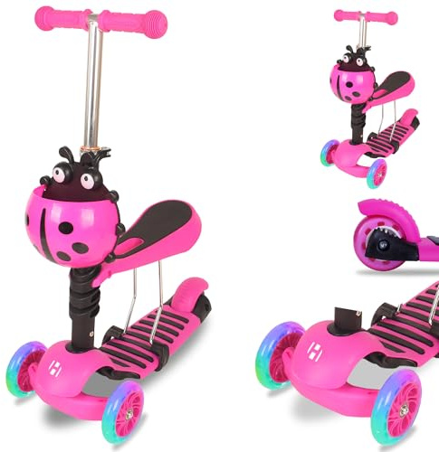 Habib 3in1 Kinderroller ab 3 Jahre mit Sitz - LED-Räder, höhenverstellbarer Lenker 58-76 cm, Marienkäfer-Design, bis 50 kg - Dreiradroller für Jungen und Mädchen