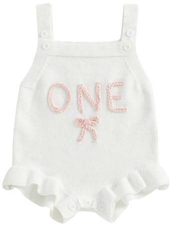 Geagodelia Infant Baby Girl 1st Birthday Knit Romper Knitted Bodysuits Sleeveless Letter Floral Embroidery Ruffle Jumpsuit Pageant Baptism Warm Jumper Overalls Chunky Knitwear