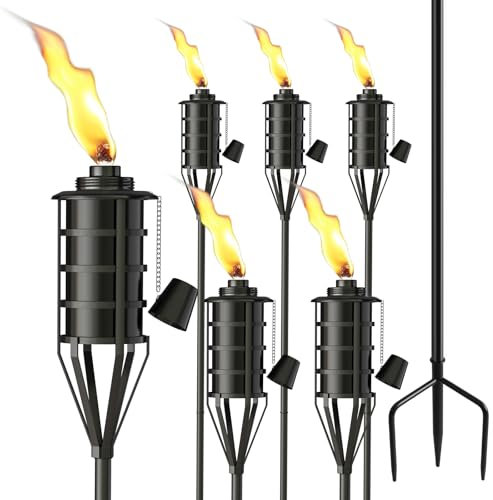 FALBAWR Upgraded Citronella Garden Torch Set of 6, Large Capacity 16oz Metal Torch for Outside, 59.5 Inch Black Home Torches with 3-Prong Grounded Stake,Metal Flame Torch Light for Party Patio Pathway