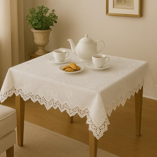 Corredocasa Copritavolo Bianco di Pizzo Rotondo-Tovaglia Tavola Ricamo a Mano Vintage Centro Quadrato e Servizio da tè Adatte per Casa Albergo e Ricevimenti (Centro Quadrato 90x90 cm)