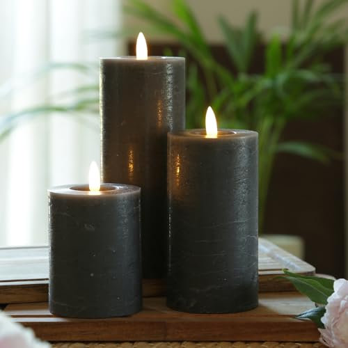 MARELIDA LED Kerzen in Rustik Optik Echtwachskerzen Stumpenkerze mit leicht flackernder Flamme und Timer Wachskerze für Innen Kerzenset in grau (D: 7cm - 3er Set Kerzen)