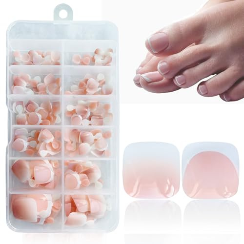 Falsche Fußnägel, Französisch Natürliche Künstlich Fußnägel zum Aufkleben, Full Cover Toe Nails Tips für Frauen, 12 Größen,120 Stück (French ToeNails 60pcs & Pink Gradient 60x)