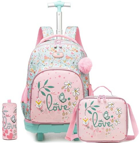 HTgroce Trolley Rucksack mit Rollen für Mädchen,Schultasche für Kinder Schule und Reise,Trolley Kindergepäck Grundschule