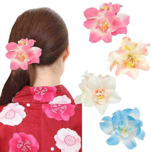 CharmBurst 4 Unidades de Pinzas para el Cabello con Flores Hawaianas, Pinzas Tropicales Artificiales, Pinzas con Peine de Hibisco, Vacaciones en la Playa, Fiesta, Accesorios para el Cabello Boho