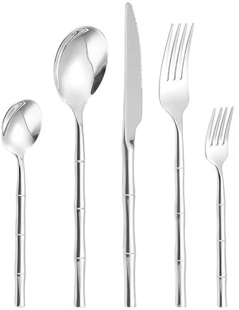 Genérico Juego de Cubiertos de Plata de Ley 304 (5/20/30/40/50/60 Piezas), de Acero Inoxidable, con Mango de Cuchillo, Tenedor y Cuchara, Plateado (1 Juego)