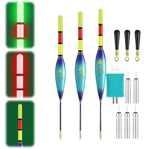 Xevinas 3 Stück Led Posen Angeln, 5g/7g/9g Bissanzeiger Angeln Mit Smart Farbwechselfunktion, Batterie Ladegerät Und 5 CR425, Angelposen Aus Nano, Angelzubehör Zum Angeln Am See,Fluss Oder Teich(D)