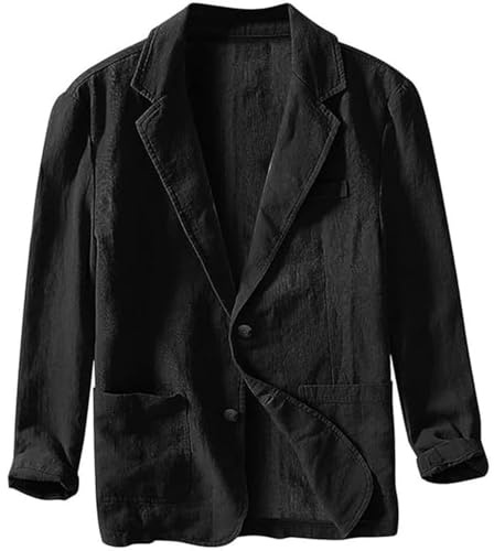 FYCYGG Herren Sommer Leinenjacke Lässiger Herrenblazer aus Baumwolle und Leinen mit Zwei Knöpfen Schlichter Lockerer Sakko Freizeit Anzugjacke Knopf Jacke(Black,L)