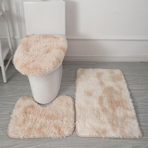 Générique Tapis de Bain 3 Pièces en Microfibre Ultra Douce – Antidérapant, Absorbant, Lavable en Machine, Tapis Contour WC et Housse de Couvercle de Toilette (Marron Clair Dégradé)