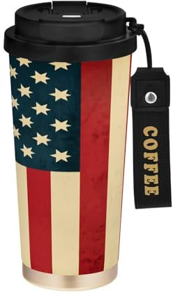 JUMBEAR Taza de viaje con aislamiento al vacío de la bandera estadounidense vintage, tazas de viaje reutilizables para café, taza de café de acero inoxidable de doble pared a prueba de fugas con tapa