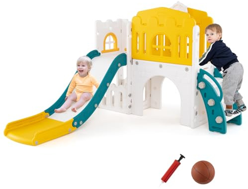 COSTWAY 9 en 1 Toboggan Enfant en HDPE avec Échelle & Panier de Basketball, Aire de Jeux Intérieure avec Télescope & Volant & Tunnel, Espace de Rangement pour Tout-Petits de 1 an+ (Jaune)