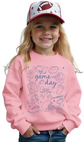 Toddler Girl Boy Game Day Football Sweatshirt Football Doodles Pullover Long Sleeve Shirt Kids Rugby Sport Fans Outfit(Pink, 110<4-5T>)