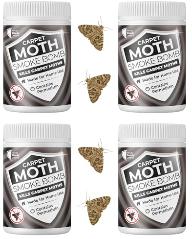 Carpet Moth Smoke Bombs (Pack of 4) 13.25% Permethrin - Maximum Strength Carpet Moth Killer, Quick & Efficient, Thorough Coverage, Essential for Carpet Moth Treatment, Clean & Non Staining