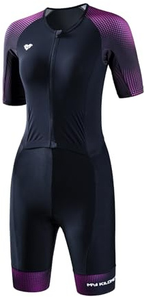 MY KILOMETRE Damen Triathlon Anzug – Kurzarm Einteiliger Trisuit Schnelltrocknend mit Reißverschluss vorne und UPF 50+ für Schwimmen, Radfahren und Laufen (Lila XXL)