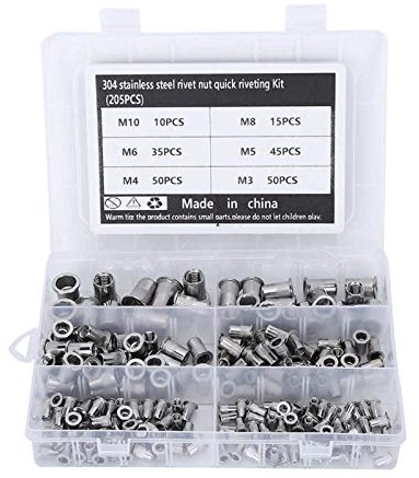 Gewinde-Blindnietmutter, 205 Stück M3-M10 Nietmuttern-Set aus Edelstahl mit transparenter Box for 0,5-6 mm Platten