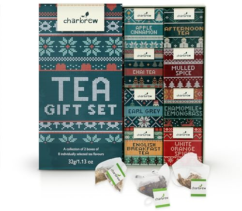 Charbrew Christmas Tea Gift Set – 16 Teabags in Gift Box | 8 Premium Blends (Black, Herbal & Fruit) | Holiday Tea Assortment, Stocking Filler & Gift for Tea Lovers (Novelty Jumper)